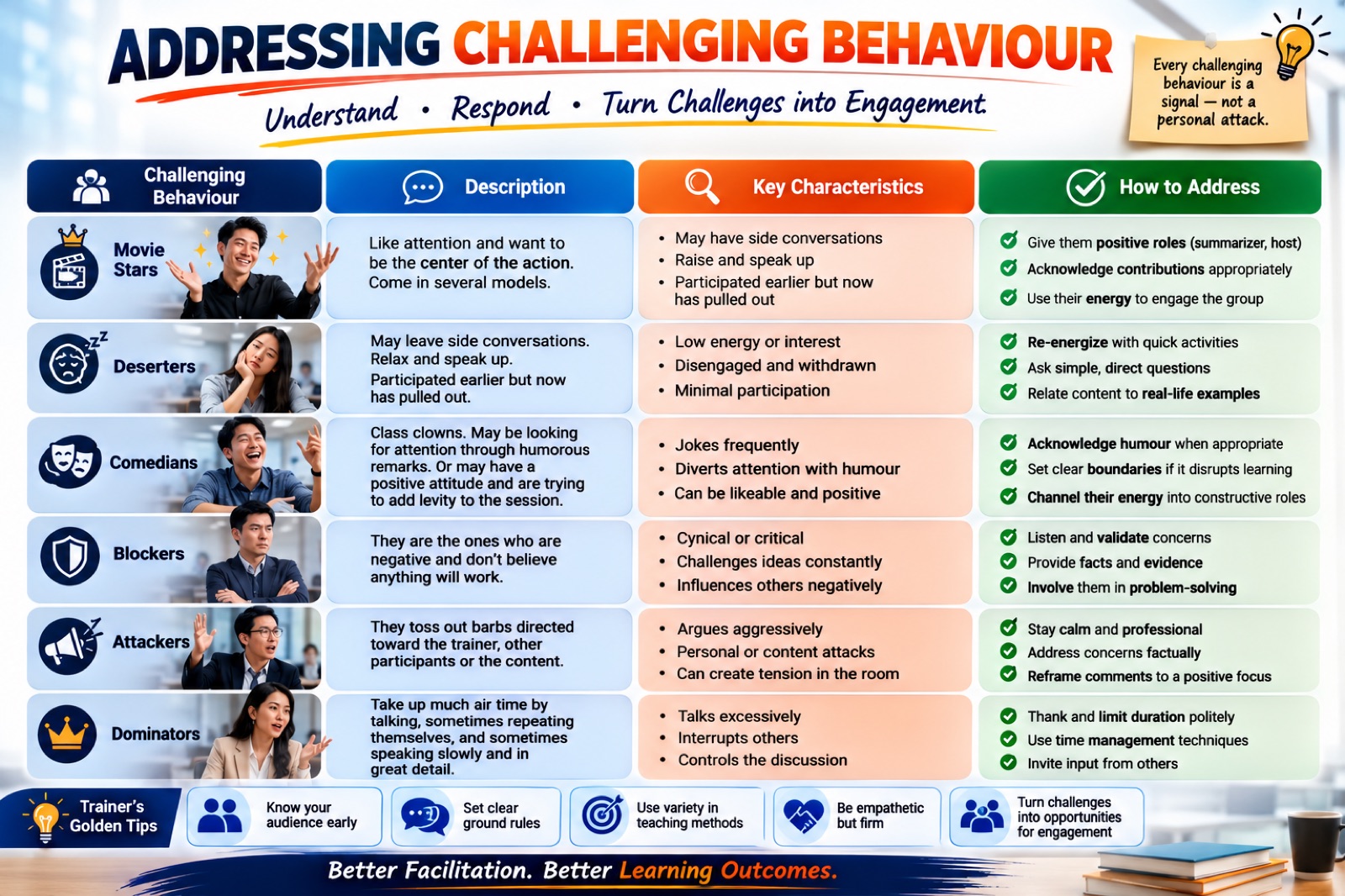 Infographic table of six challenging training behaviours — movie stars, deserters, comedians, blockers, attackers, dominators — with characteristics and responses