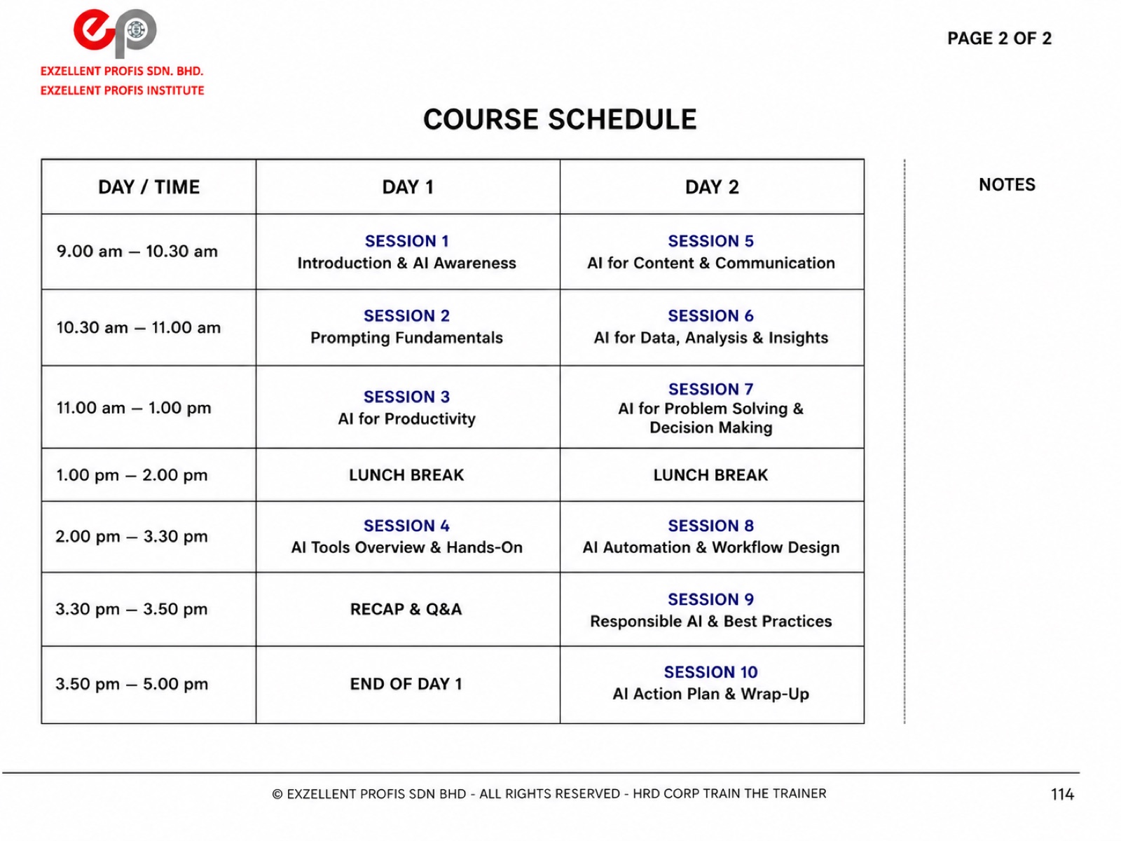 Two-day course schedule template with ten sessions from 9am to 5pm and a one-hour lunch break each day