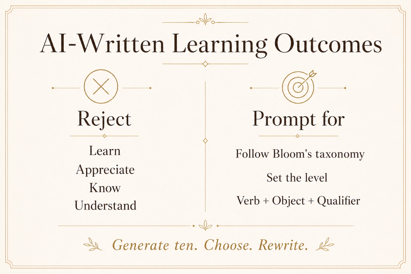 Two-column infographic on AI-written learning outcomes: reject the verbs learn, appreciate, know, understand; prompt with Bloom's taxonomy, level constraints and verb-object-qualifier structure