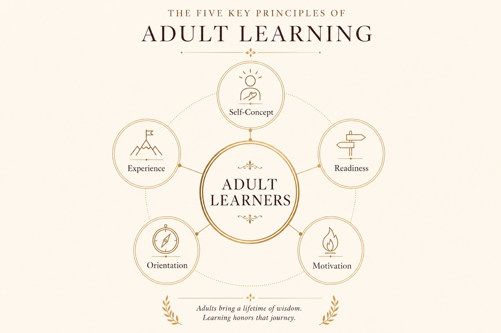 Adult learners hub diagram: self-concept, experience, readiness, orientation, motivation