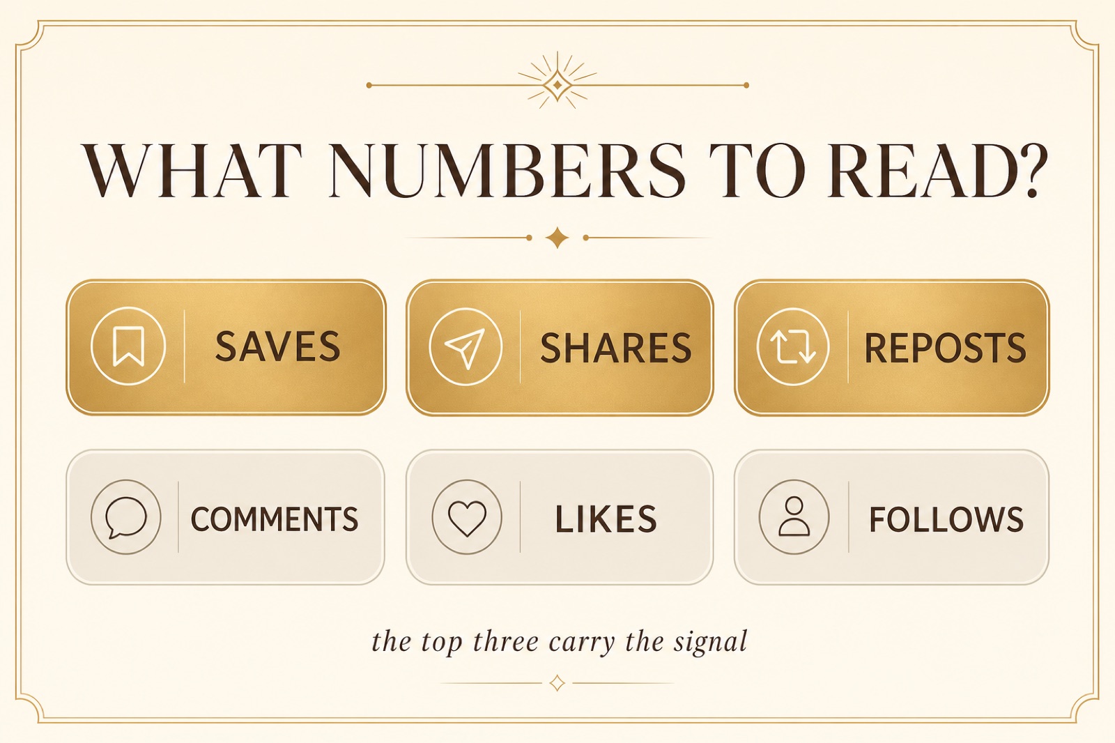 Infographic — what numbers to read: saves, shares, reposts highlighted above comments, likes, follows