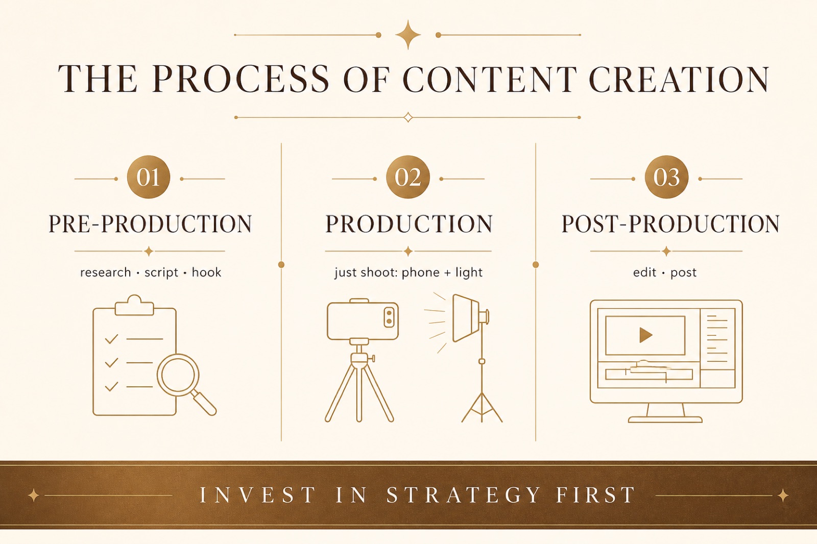 Infographic — the process of content creation: pre-production, production, post-production, invest in strategy first