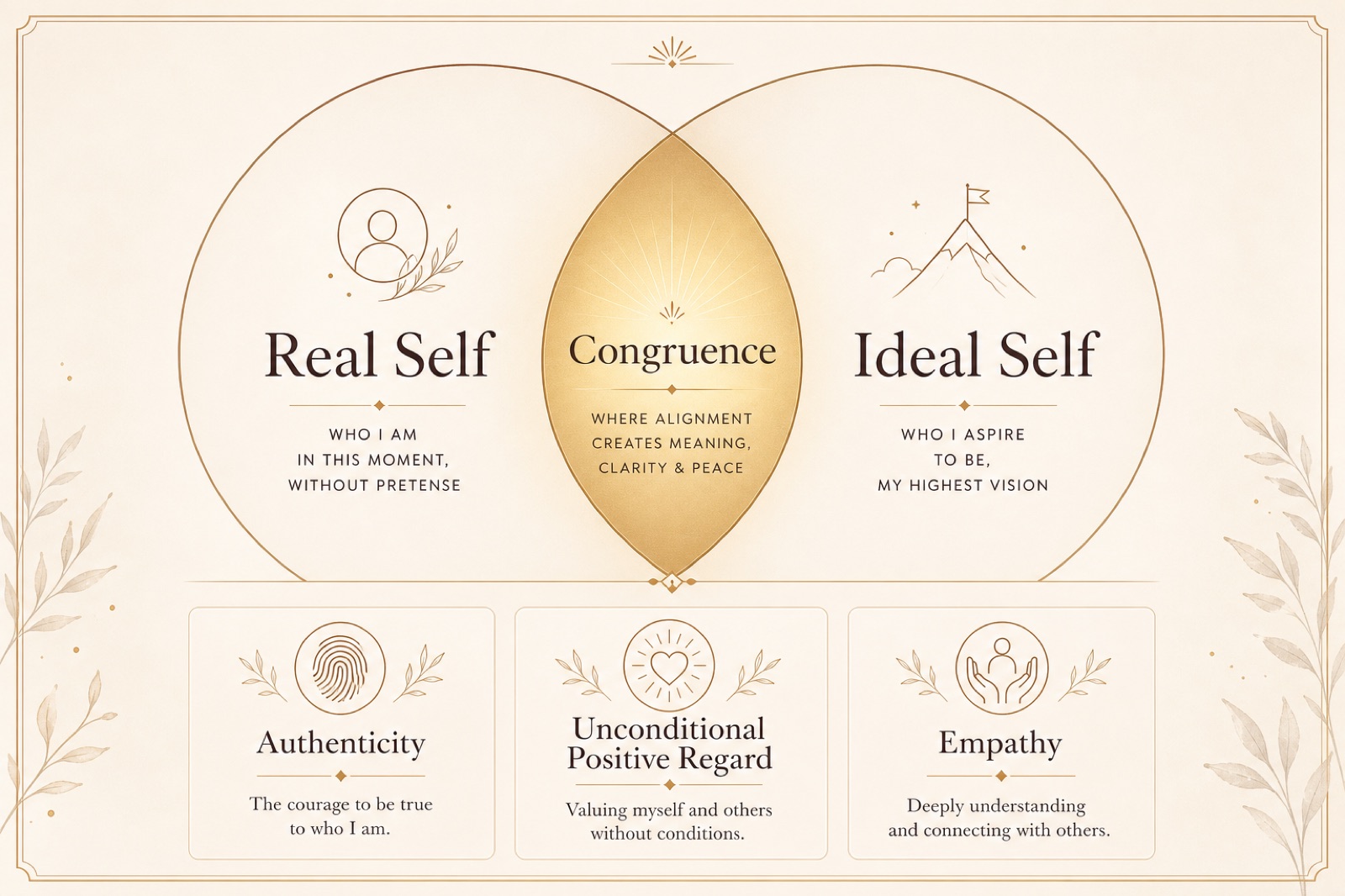 Real self and ideal self Venn diagram with congruence in the overlap, above the three conditions: authenticity, unconditional positive regard, empathy