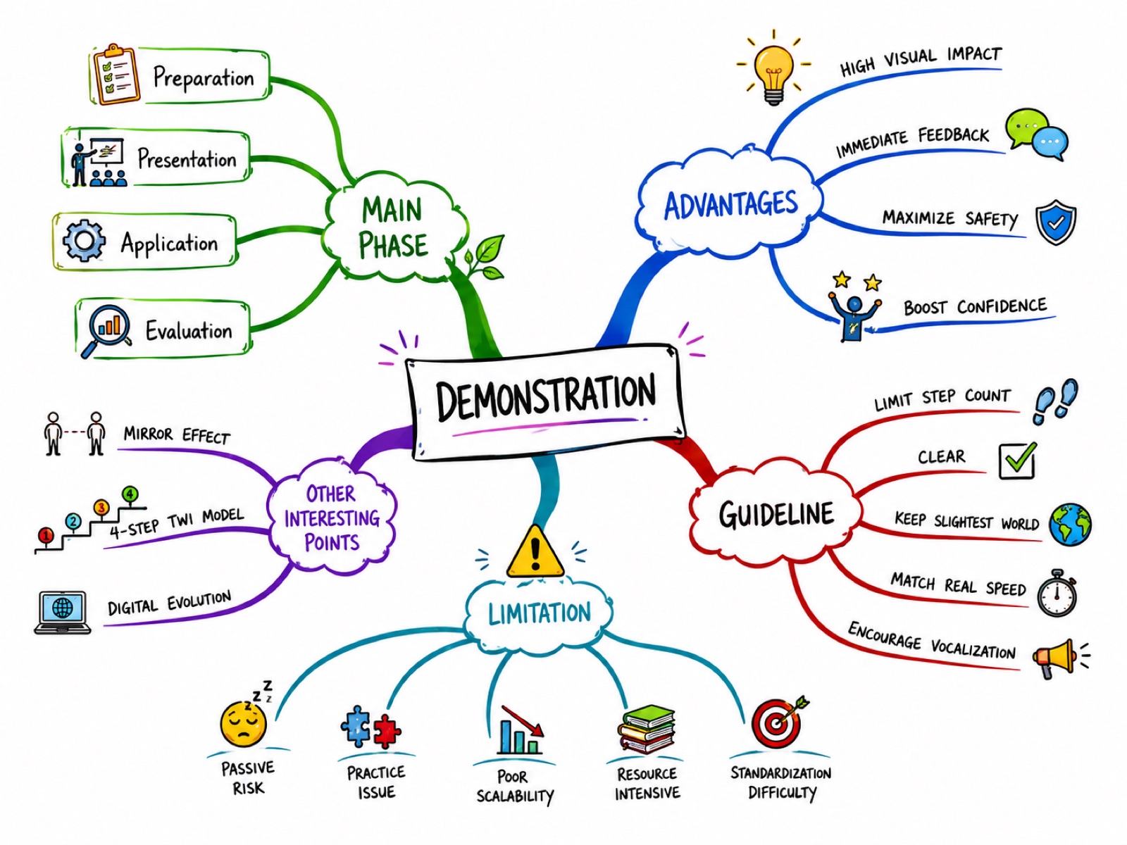 Colourful mind map of the demonstration method with branches for phases, advantages, guidelines and limitations