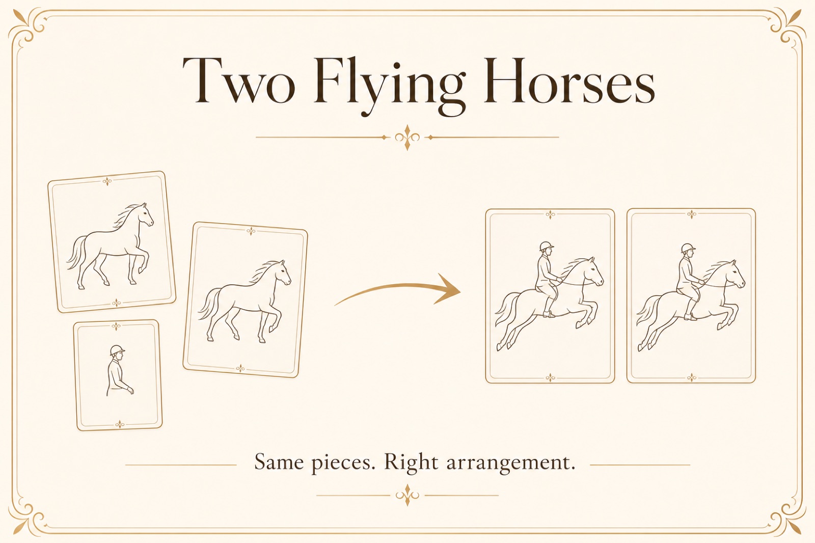 Minimalist infographic of three puzzle cards rearranged so two riders sit on two leaping horses