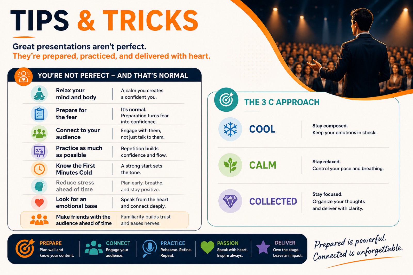Infographic of presentation preparation tips and the 3C approach: cool, calm, collected