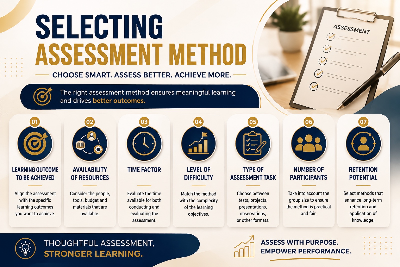 Selecting the right assessment method: seven factors from learning outcome to retention potential