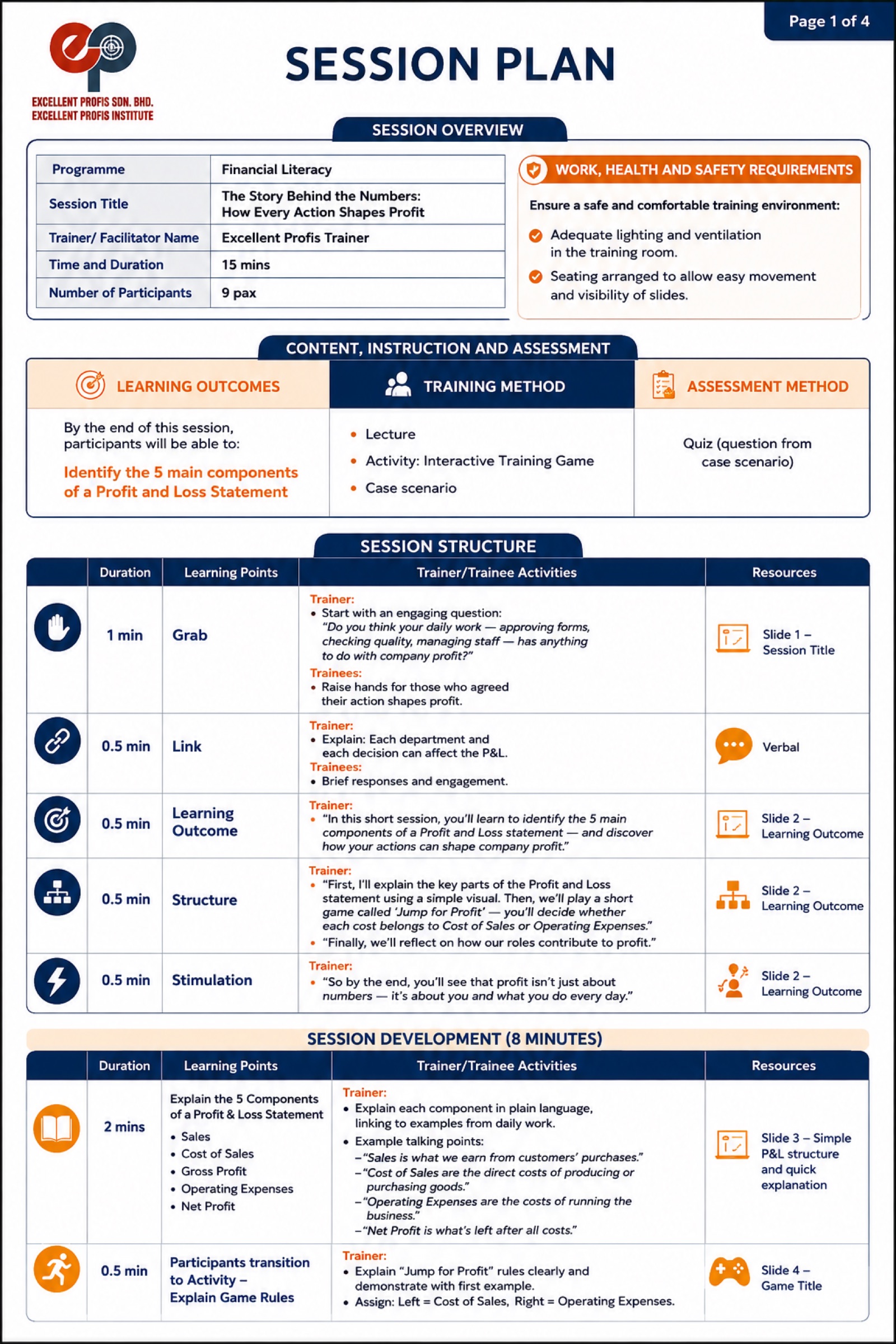 Detailed session plan for a financial literacy micro-teaching session with overview, alignment row and minute-by-minute structure