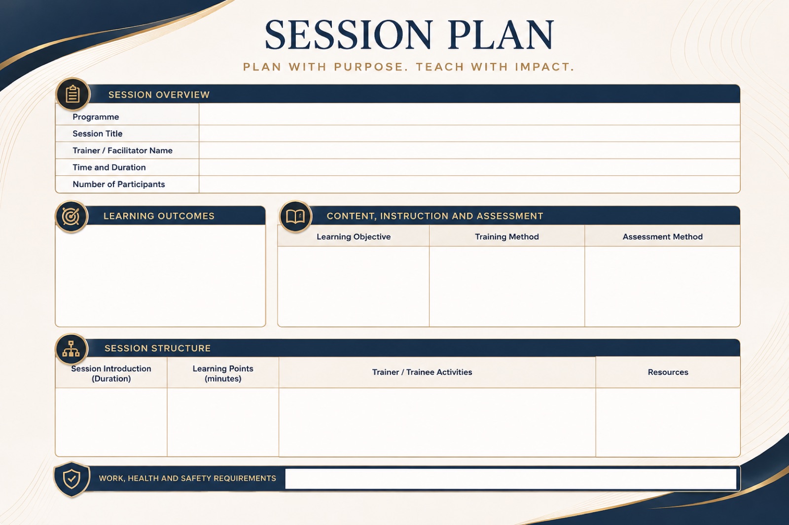 Blank session plan template with session overview, learning outcomes, content instruction and assessment, session structure and work health and safety sections