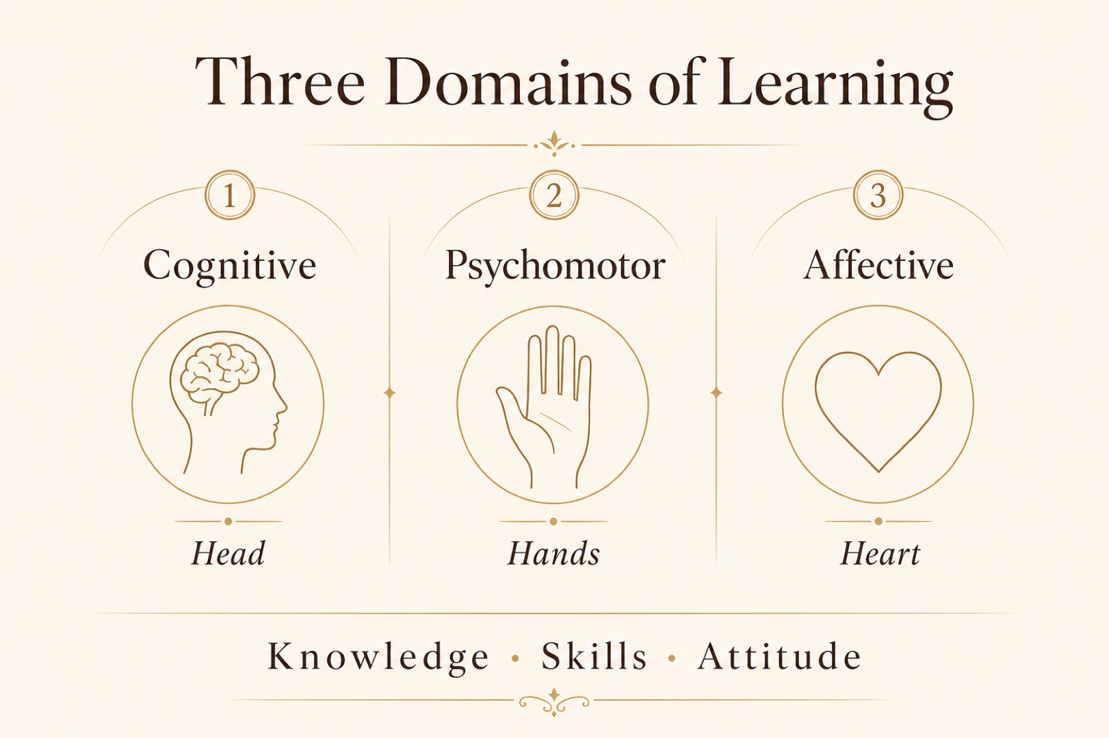 Three domains of learning: cognitive (head), psychomotor (hands), affective (heart)