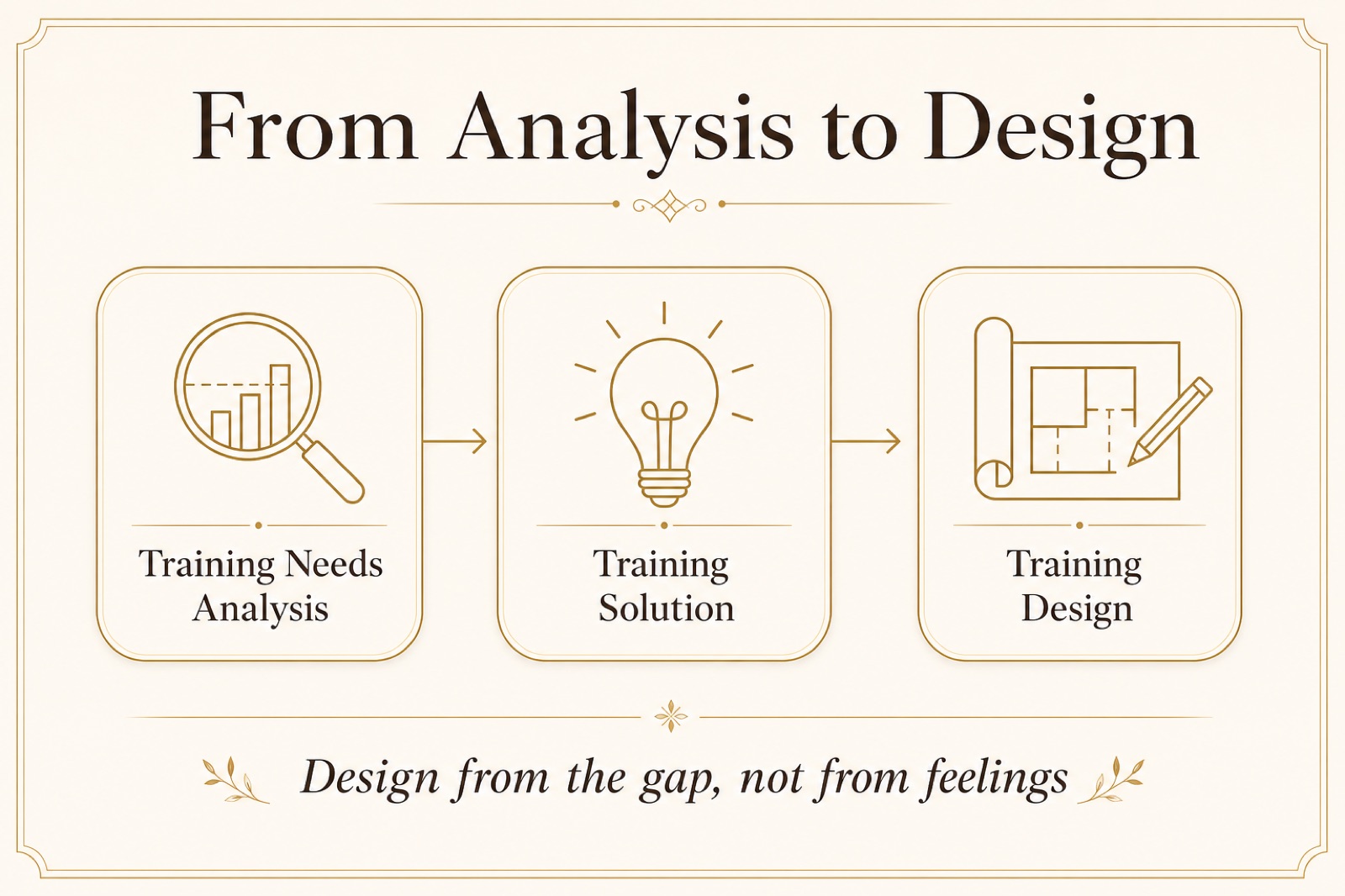 Flow visual: Training Needs Analysis leads to Training Solution leads to Training Design