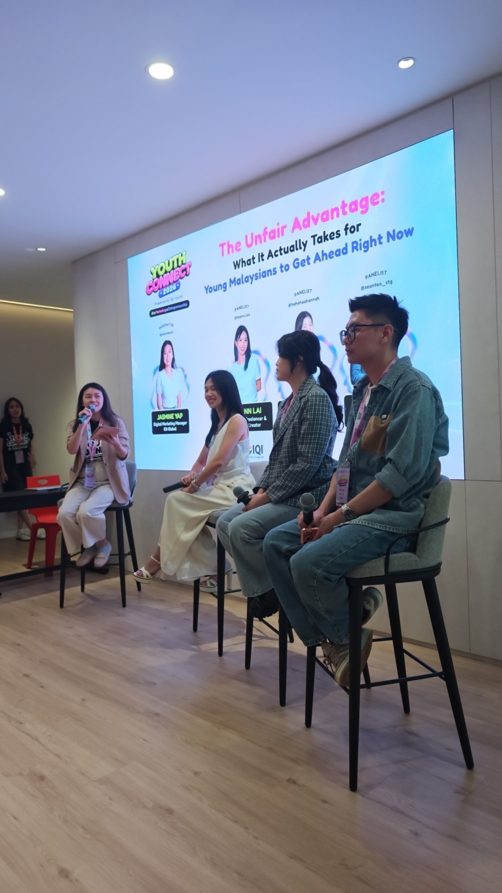 Youth Connect 2026 panel — The Unfair Advantage — with moderator Jasmine Yap and panelists LeAnn Lai, Hannah and Sean Teo